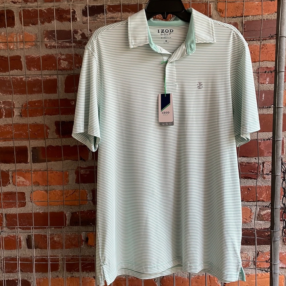 Izod Golf Green & White Striped Collared Golf Shirt Size Medium NEW W TAGS